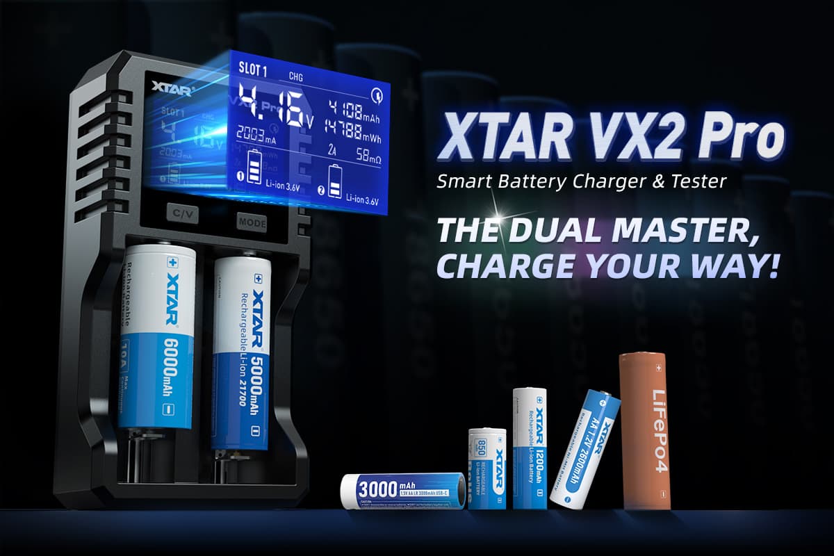 XTAR VX2 Pro, chargeur de batterie pour cellules rondes, batteries Li-ion, LiFePO4 et NiMH